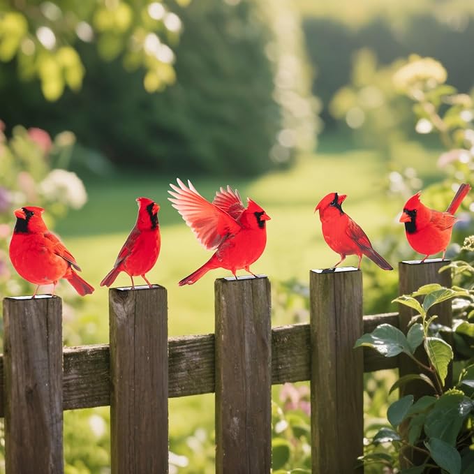 HUYIENO 5PCS Vivid Metal Birds Fence Decor 2D Dual Side Color Painted Outdoor Garden Natural Bird Sculptures for Outdoor Fences, Patio, Garden and Bird Lovers (Cardinal)