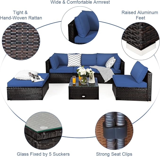 Tangkula 6 Piece Patio Furniture Set, Outdoor Deck Lawn Backyard Durable Steel Frame PE Rattan Wicker Sectional Sofa Set, Conversation Set with Coffee Table (Navy)