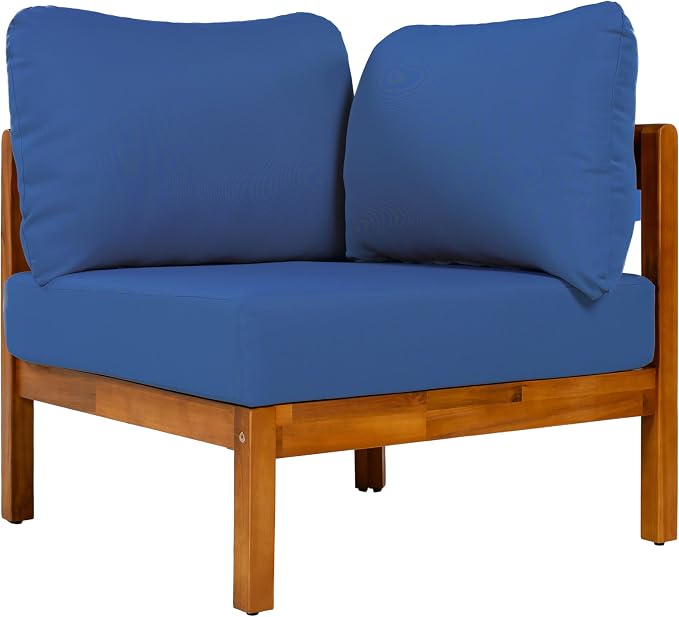 Acacia Wood L-shaped Outdoor Corner Sofa, Patio Conversation Furniture Set With 6 Soft Seat Cushions and Backpack , All Weather Outdoor Patio Sofa with Arc frame for Backyard, Garden (Blue-3.20)