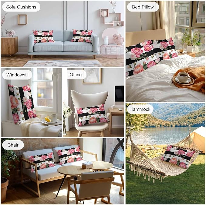 Outdoor Waterproof Throw Pillow Covers Set of 2 Pink Peony Rose Lumbar Pillowcases 20x12 Inches Floral Black Stripes Decorative Pillows Cushion Case Patio Pillows for Couch Bed Chair Garden