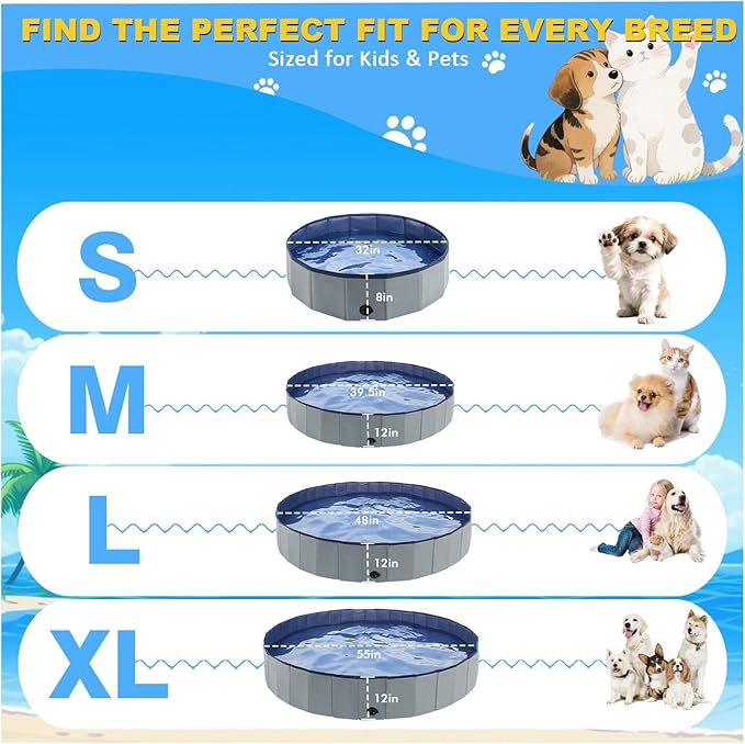 Eooqi Foldable Dog Pool, Collapsible Pet Bath Tub & Kiddie Wading Pool, Portable Hard-Side Dog Swimming Pool for Puppies, Small & Medium Dogs, Cats and Kids (Blue, 55"-XL)