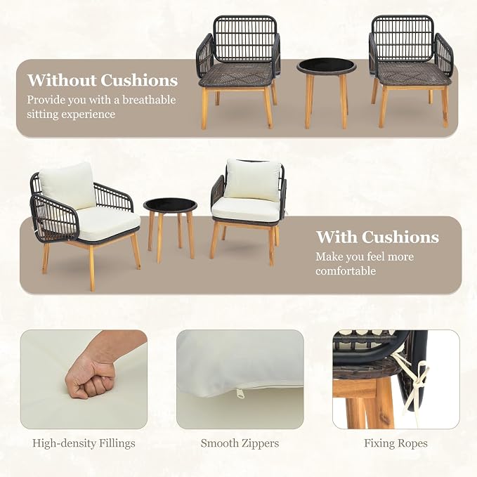 DORTALA 3 Piece Wicker Patio Furniture Set, Wood & Rattan Chairs and Table Sets with Cushions, Outdoor Conversation Set for Porch, Backyard, Poolside