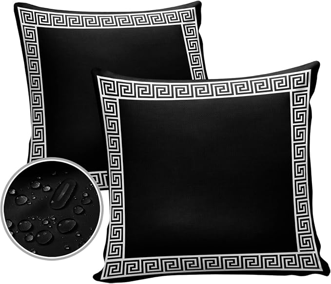 Prime Leader Outdoor Waterproof Pillow Covers Set of 2, Chinese Style Pattern Black Background Patio Throw Pillow Covers, Decorative Cushion Case for Couch Sofa Furniture Garden, 20x20 Inch