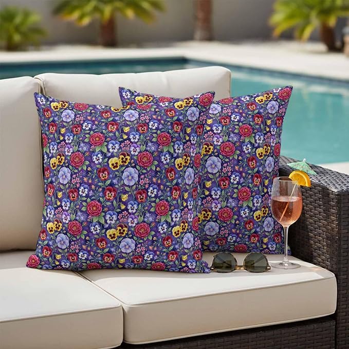 Pansies Roses Outdoor Pillow Covers 16"x16" Set of 2, Garden Flowers Floral Botanical Purple Waterproof Throw Pillow Covers for Patio Furniture, Decorative Cushion Covers for Porch