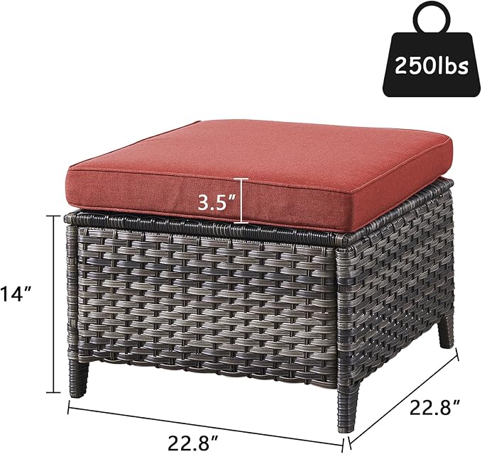 Rilyson Luxury Outdoor Wicker Patio Ottomans Set of 2, 250 lbs Capacity Rattan Large Ottomans for Patio Footrest Set 22.8in*22.8in*14in with 3.5in Thick Cushion (Mixed Grey/Red)