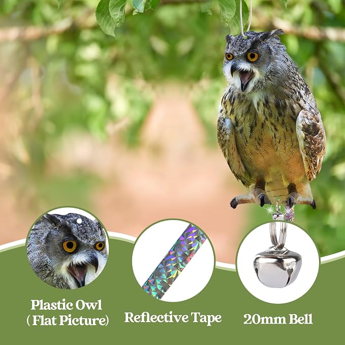 Plastic Owl to Scare Woodpecker from House, 2Pcs Flat Fake Owl to Keep Pigeons Away from Porch, Garden Owls to Scare Pigeon Squirrels, Hanging Owls with Reflective Tape for Balcony Yard Patio Windows
