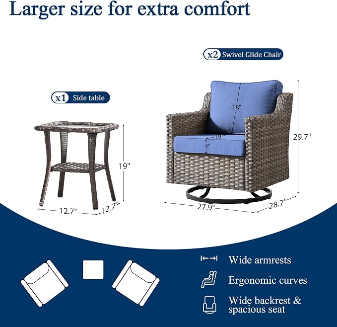 Luxury Patio Furniture sofa Set - 3 Pieces All Weather Wicker Outdoor Couch and High Back Swivel Rocker Patio Chairs with Glass coffee table for Deck Yard and Poolside Gray Wicker | Blue Cushions