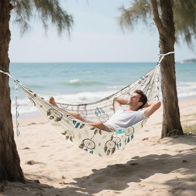 Camping Hammock Outdoor Hammocks for Outside Feather Dreamcatcher Beach Trees Portable Lightweight with Pockets Tree Straps Indoor Small