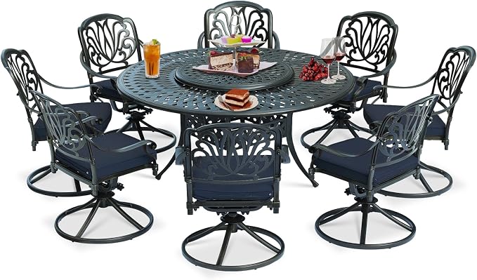 9-Piece Patio Cast Aluminum Dining Set, 8 Person Outdoor Dining Furniture Set, Includes 8 Swivel Dining Chairs and 61" Large Round Dining Table w/ 31" Lazy Susan, Umbrella Hole, Navy Blue