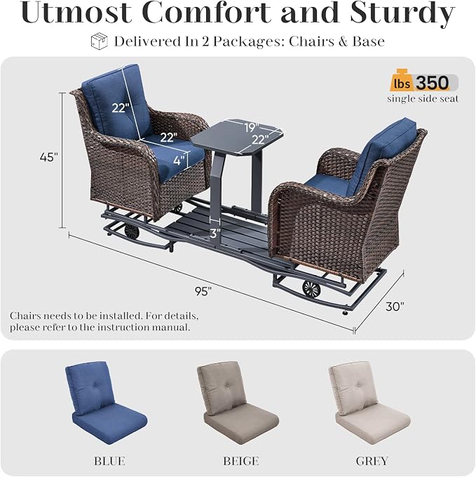 Rilyson Luxury Outdoor Wicker Glider Rocker Chairs for 2 Seats, Patio Wicker Rattan Glider Rocker Chairs with Table, Rocker Chairs Outdoor Furniture Sets for Patio Porch Pool Brown/Blue