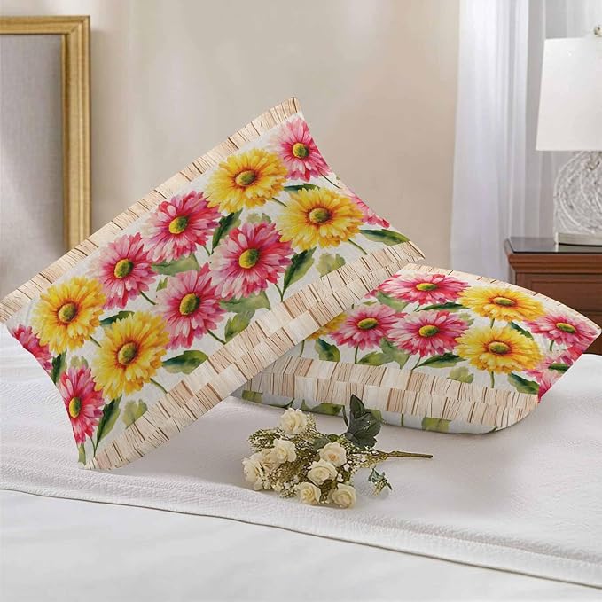 Yellow Pink Daisy Outdoor Pillow Covers 20"x12" Set of 2, Rustic Farmhouse Boho Brown Wood Grain Waterproof Throw Pillow Covers for Patio Furniture, Decorative Cushion Covers for Porch