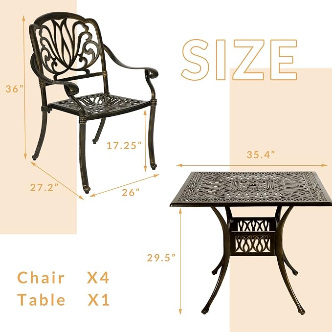5-Piece Outdoor Patio Dining Set, All-Weather Cast Aluminum Patio Furniture Set for Backyard Garden Deck with 4 Chairs and 35.4” Square Table, 2.2" Umbrella Hole