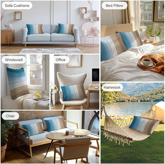 Lumbar Pillow Covers 20x12 Inch Set of 2, Blue Brown Ombre Waterproof Outdoor Cushion Covers, Vintage Country Wooden Decorative Pillowcases for Couch, Sofa, Bed, Garden, Patio