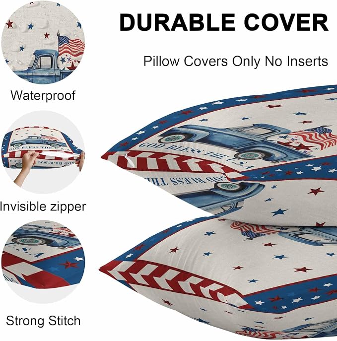 Independence Day Outdoor Throw Pillow Cover Farm Blue Truck American Flag Star Waterproof Cushion Covers 2 Pack Patriotic Red Plaid Pillow Cases Home Decoration for Patio Garden Couch Sofa 20x12In