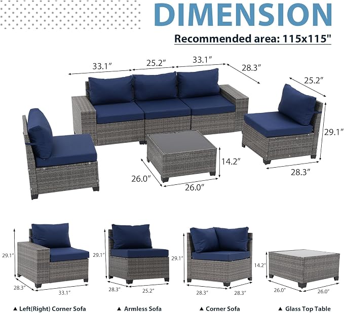 JOIVI 6-Piece Outdoor Patio Furniture Set, Rattan Patio Conversation Set with Coffee Table, L-shaped Wicker Outdoor Sectional Sofa Set with Wide Armrest and Cushions for Garden, Deck, Porch, Navy Blue