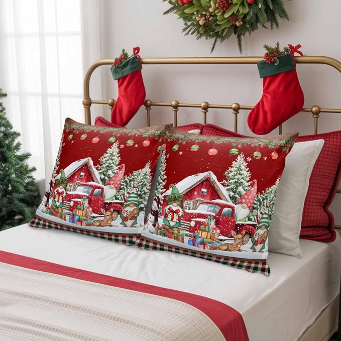 Red Christmas Lumbar Pillow Covers 20x12 Inch Set of 2, Truck Elk Xmas Tree Snowflake Ball Winter Gnomes Waterproof Outdoor Cushion Covers, Decorative Pillowcases for Couch, Sofa, Bed, Garden, Patio