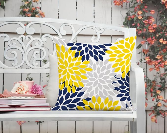 Yellow Blue Dahlia Floral Outdoor Pillow Covers 18x18 Set of 2 Waterproof Abstract Flower Summer Decorative Outdoor Pillow Covers for Patio Furniture Porch Couch Home Decoration (Navy Yellow)