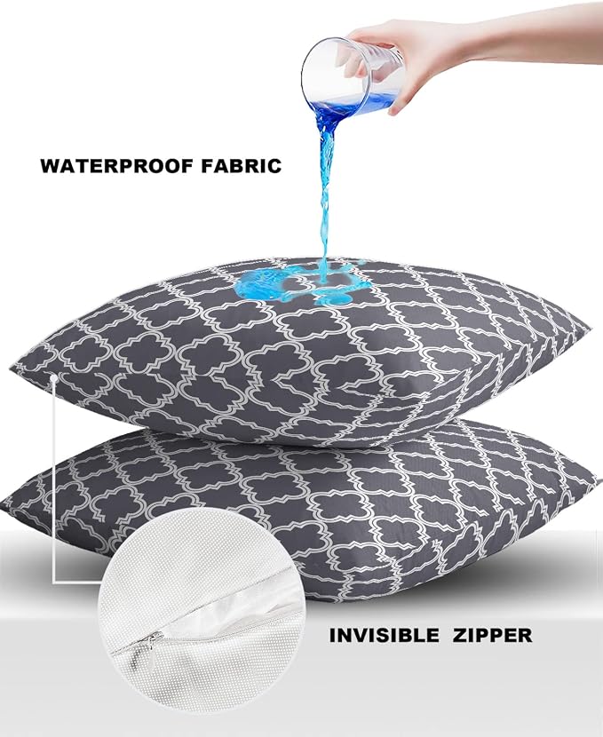 Outdoor Waterproof Pillow Covers for Patio Furniture Moroccan Pattern Decorative Throw Pillow Cover Dark Grey Pillowcases Set of 2 Cushion Case for Sofa Couch Chair Home Decor 24x24 inch