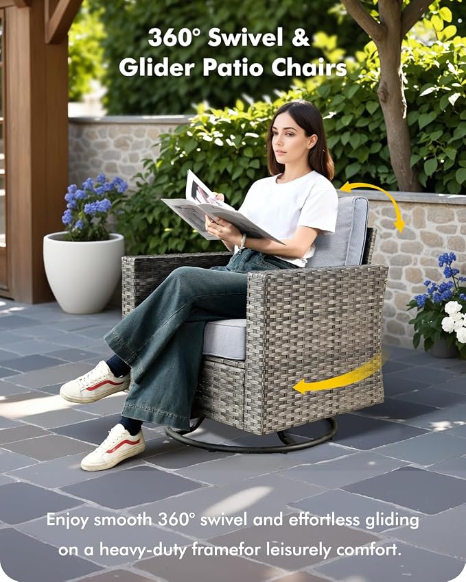 CAODOC 7-Piece Outdoor Wicker Patio Set with 7 Seats, Including 53" Fire Pit - Swivel Rocker Chairs and Conversation Set for Backyard or Lawn, Gray Rattan with Waterproof Gray Cushions