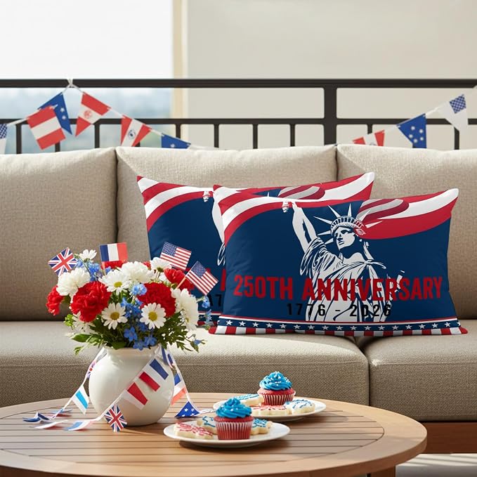 250th Anniversary Outdoor Pillow Covers 20"x12" Set of 2, Statue of Liberty Independence Day Waterproof Throw Pillow Covers for Patio Furniture, Decorative Cushion Covers for Porch