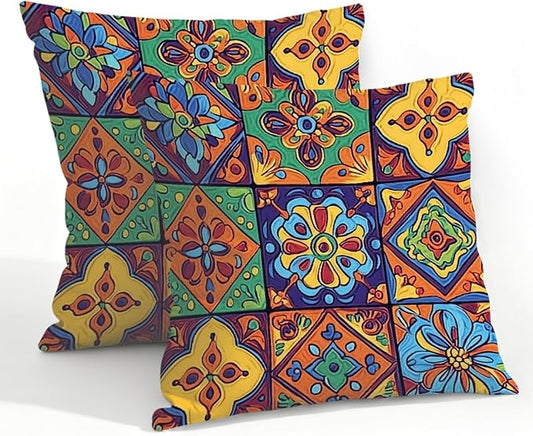 22x22 Inch Outdoor Pillow Covers Set of 2 Waterproof Throw Pillow Covers Decorative Couch Cushion Covers Mexican Floral Checkered Square Pillowcases Protectors for Patio Garden Sofa