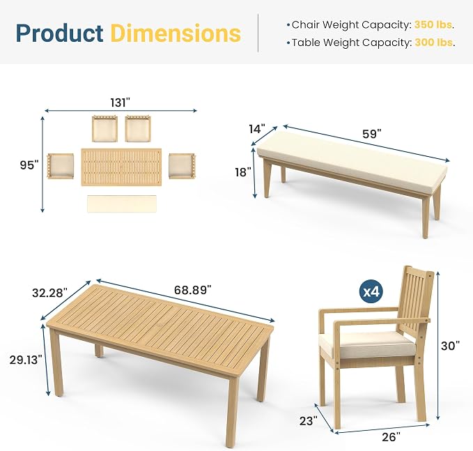 Wisteria Lane 6 Pieces Acacia Outdoor Patio Table and Chairs Set for 6, Patio Outdoor Dining Table Set with with Bench and Cushion, Modern Outdoor Patio Set for Deck Lawn Backyard Garden, Beige