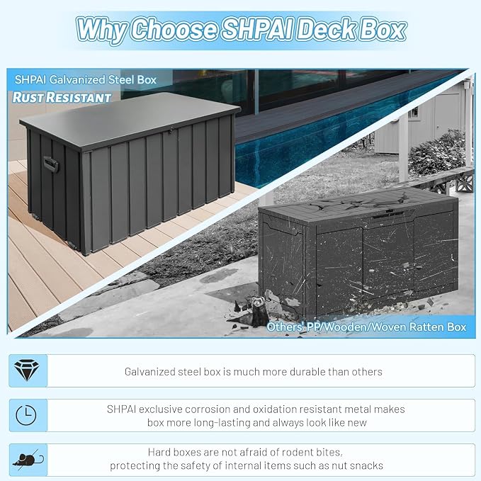 190 Gallon Metal Deck Box, Waterproof Steel Outdoor Box, Large Patio Furniture Storage Cabinet, Lockable Storage Bench for Porch Package Delivery, Pillows, Cushions, Pool, Tools, Backyard, Grey