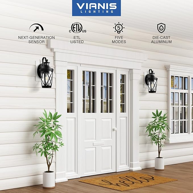 VIANIS Exterior Lighting Fixtures, Black Outdoor Motion Sensor Light, 2-Pack Outdoor Lanterns for Porch, Anti-Rust Dusk to Dawn Sensor Wall Mount, Modern Exterior Wall Sconce Outside Lights for Patio