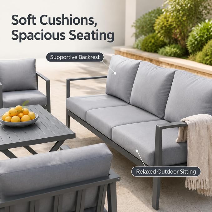 Aluminum Patio Sectional Furniture Set,5 piece Patio Conversation Sets Outdoor Patio Furniture Set Sofa with Coffee Table & Washable Cushions Grey