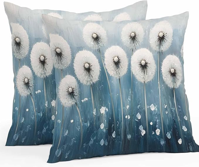 Spring Floral Waterproof Outdoor Pillow Covers Set of 2 Home Decor, Whit Blue Oil Painting Pastoral Pillowcase Patio Pillow Covers for Couch Bench Furniture Garden 16x16in