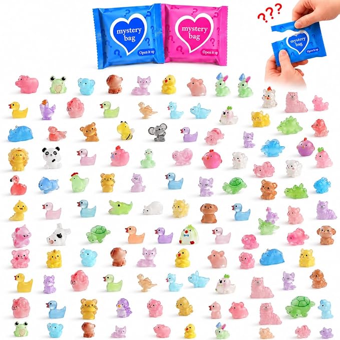 100 PCS Mystery Bag Mini Resin Animals, Glow in The Dark Tiny Animal Figurines Blind Bags Bulk, Cute Mini Resin Figures Surprise Box Toys for Kids, Classroom Prizes Goodie Bag Stuffers Party Favors