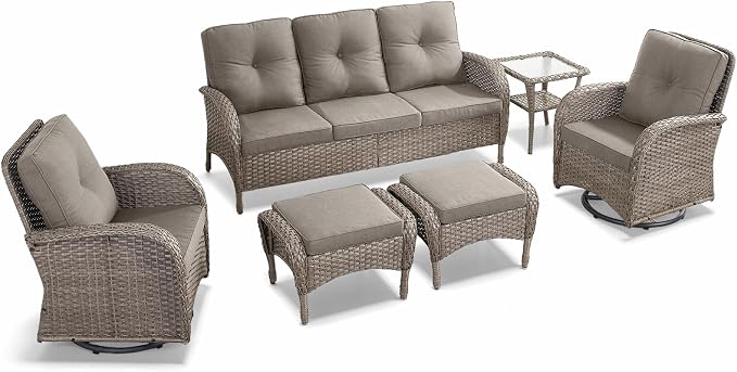 6 Pieces Outdoor Furniture-Patio Swivel Rocker Chairs Set of 2 3-Seater Wicker Couch with Outdoor Ottoman Outdoor Patio Furniture Set for Deck Porch Garden Balcony Poolside-Grey/Grey