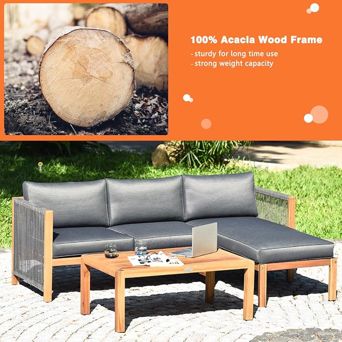 Tangkula L Shape Outdoor Furniture Set, 3 Piece Acacia Wood Patio Conversation Set, with 2 loveseats and Coffee Table, Garden Backyard Poolside Patio Seating Set