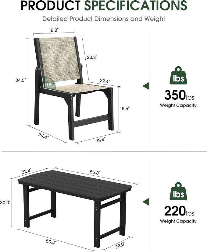 HDPE Outdoor Patio Dining Set with Table & 4 Stackable Armless Textilene Chairs, All-Weather 5-Piece Dining Table Set with Umbrella Hole, Patio Furniture for Garden, Poolside, Backyard, Deck | Black
