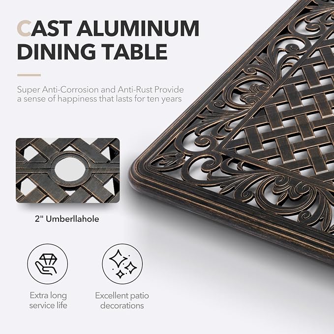 𝗔𝗶𝗹𝗶𝘀𝗺𝗮𝗶𝗹 7 Piece Outdoor Dining Set Cast Aluminum Retro Patio Dining Set for 6 includes 59” Rectangular Table and 6 Chairs with Thicker Cushions and Umbrella Hole for Patio Deck Garden