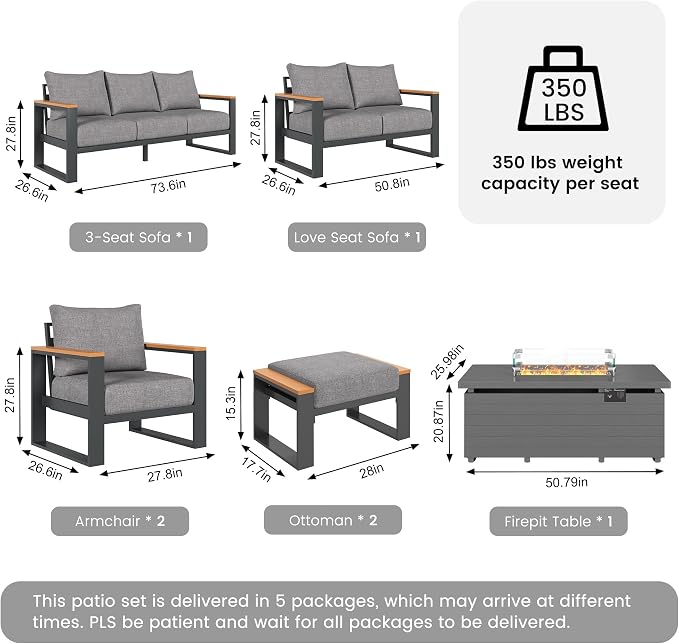 Sundale Outdoor Aluminum Patio Furniture Set, 7 Piece Outdoor Conversation Sets with Fire Pit and 6" Thick Olefin Cushions, All Weather Outdoor Sectional Set for Deck, Lawn, Yard