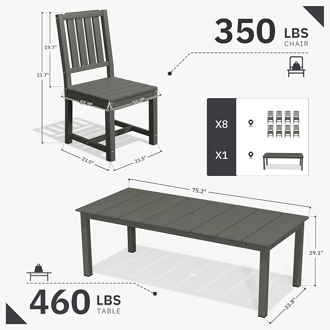 AreShark 9-Piece Outdoor Dining Set,HDPE Patio Table with 8 Armless Chairs,All-Weather Patio Furniture Set with Umbrella Hole,Low Maintenance Wood Grain Dining Set for Backyard,Garden,Poolside,Black