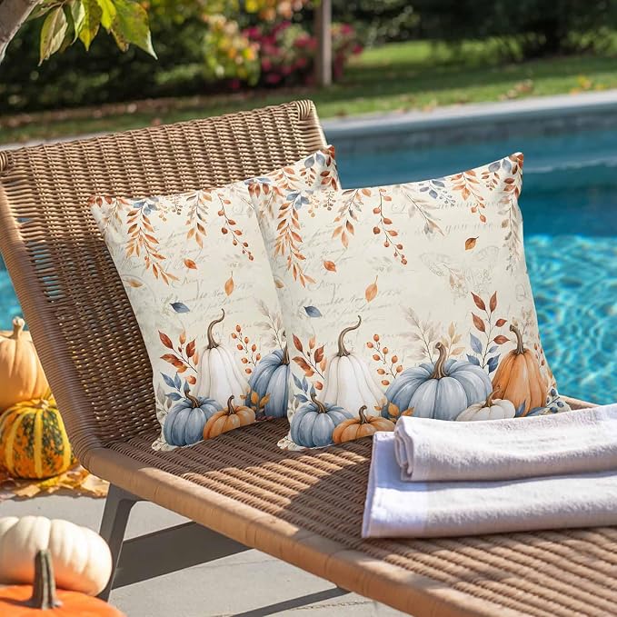 Orange Blue Pumpkins Fall Throw Pillow Covers 24x24 Inch Set of 2, Thanksgiving Waterproof Outdoor Pillow Covers, Eucalyptus Vintage Decorative Cushion Pillowcases for Couch, Sofa, Bed, Garden, Patio