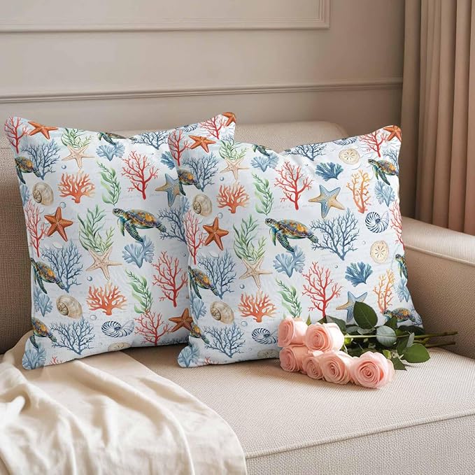 Summer Ocean Outdoor Waterproof Pillow Covers Pack of 2, Blue Nautical Sea Turtles Shells Corals Starfish Decorative Throw Pillowcases Cushion Covers for Garden Patio Tent Sofa Couch, 26x26 inch