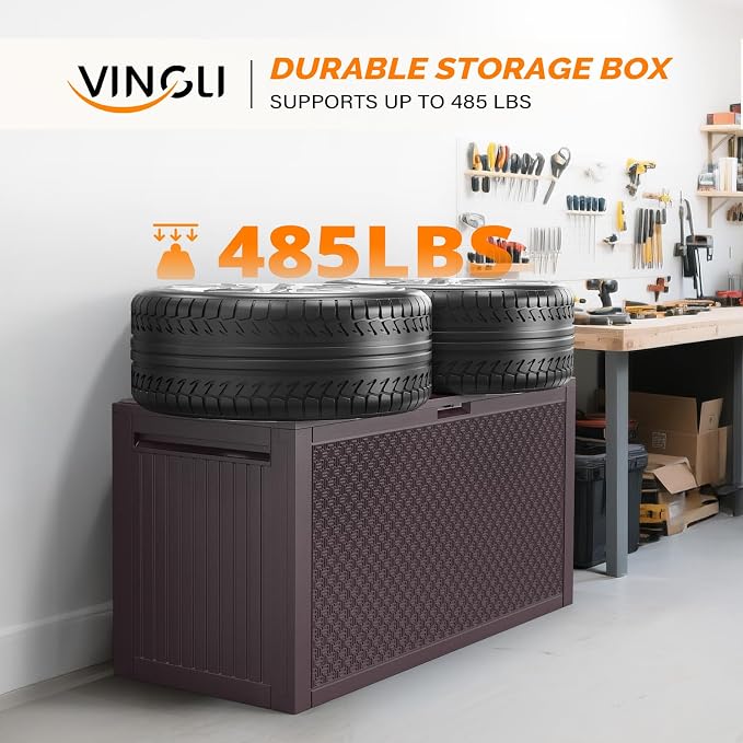 VINGLI 90 Gallon Outdoor Storage Box, Lockable Plastic Storage Containers with Lid, Patio Deck Box Furniture for Garden, Pool, Balcony, Yard (Brown)