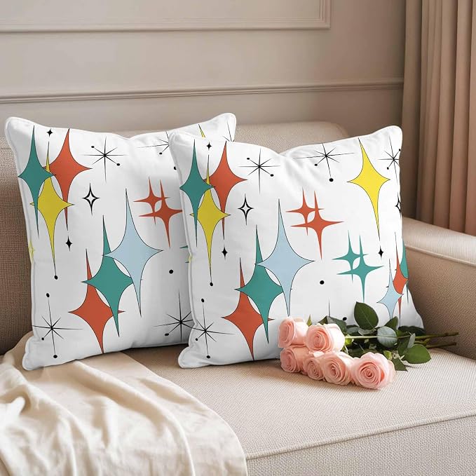 Middle Century Waterproof Outdoor Pillow Covers Set of 2 Home Decor, Boho Abstract Art Teal Orange Rhomboid Pillowcase Patio Pillow Covers for Couch Bench Furniture Garden 16x16in