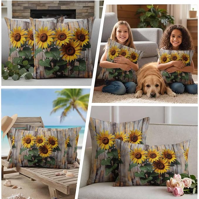 Wooden Sunflower Waterproof Outdoor Pillow Covers Set of 2 Home Decor, Farmhouse Vintage Wooden Floral Pillowcase Patio Pillow Covers for Couch Bench Furniture Garden 26x26in
