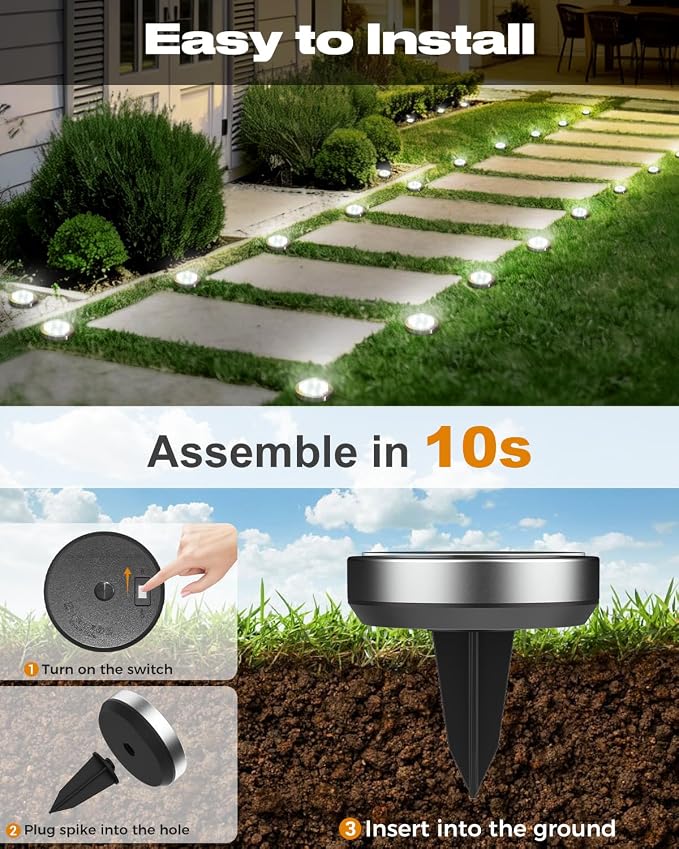 btfarm 30 Pack Solar Lights Outdoor, 8 LED Solar Ground Lights IP65 Waterproof Flat Solar Disc Light, Pathway Lights for Garden Lawn Patio Yard Path Landscape, Cool White