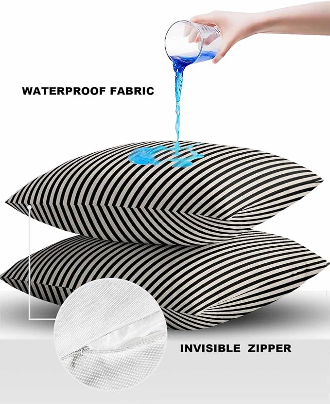 Outdoor Waterproof Throw Pillow Covers Set of 2 Black Stripes Pillowcases 18x18 Inches Linen Classic Vertical Striped Patio Decorative Pillows Cushion Case Patio Pillows for Couch Bed Chair Garden