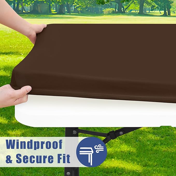 Moosfor Spandex 6 Foot Rectangle Table Cloth 2 Pack, Elastic Fitted Tablecloths for Picnic, Stretch Washable Patio Table Cover for Outdoor, Camping, Banquet and Parties (Coffee, 30"x72")