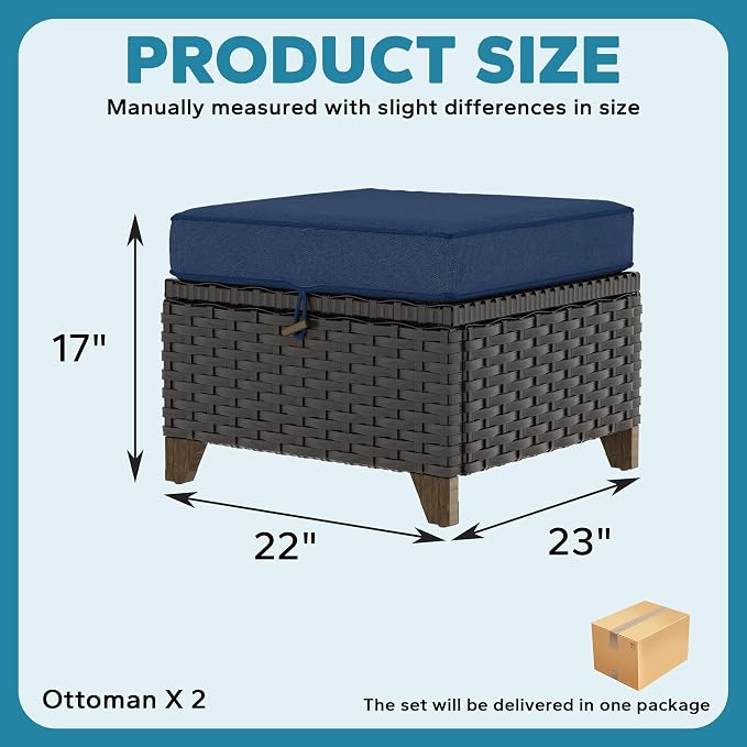 2 Pieces Patio Outdoor Ottomans with Removable and Washable Covers，PE Rattan Wicker Footstools for Porch, Garden, Sunroom (Navy Blue)