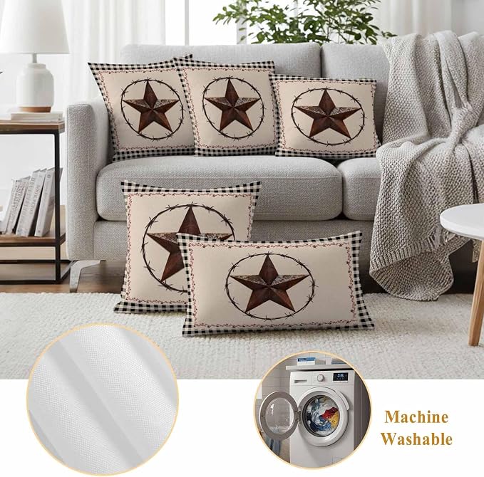 American Country Outdoor Waterproof Throw Pillow Covers Set of 2, 16"x16", Star Farmhouse Beige Black Buffalo Plaid Decorative Pillow Covers Outside Cushion Case for Patio Porch Garden