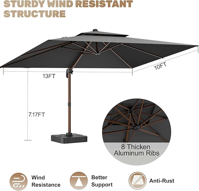 10x13FT Cantilever Outdoor Patio Umbrellas, Double Top Wood Pattern Rectangle Umbrella, Heavy Duty 360°Rotation Offset Umbrella for Garden Deck Pool Patio, Grey
