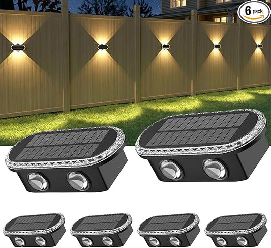 Ellasay Solar Fence Lights Outdoor: Waterproof IP65 with Dual LED Up Down Wall Lighting 3 Color Modes Diamond Crystal Cut Design Easy to Install for Garden Backyard Patio 6 Pack