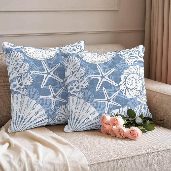 Outdoor Pillow Covers 24x24 Inch Set of 2, Lake Blue Starfish Coastal Waterproof Throw Pillow Covers, Summer Coral Shell Beach Nautical Decorative Cushion Pillowcases for Couch Sofa Bed Garden Patio